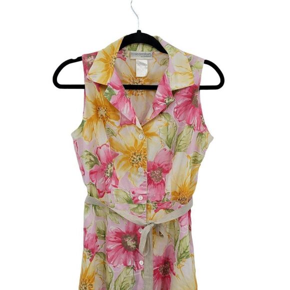 Vtg 80's Shirt Dress Country Large Floral Button Down A-line Midi Yellow Sz M - Picture 5 of 9